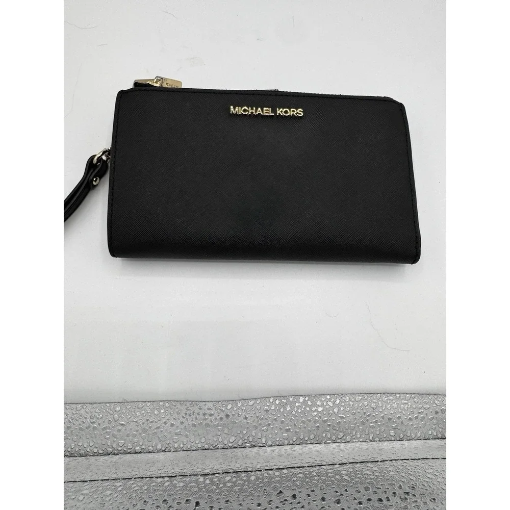 Michael Kors Jet Set Travel Large Double Zip Leather Wristlet Black/Gold Mint A5